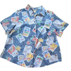 Allison Daley Womens Hawaiian Floral Postcard Print Button-Up Shirt Size 2X